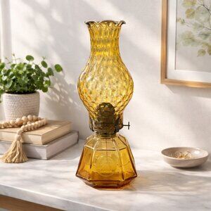 Vintage Coin Dot Frosted Amber Hurricane Oil Lamp Liberty Bell Base 13.25 inch